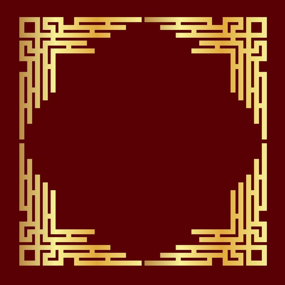 cadre traditionnel en porcelaine dorée sur fond rouge. illustration vectorielle plate de bordure rétro chinoise, coin décoratif antique jaune doré vecteur