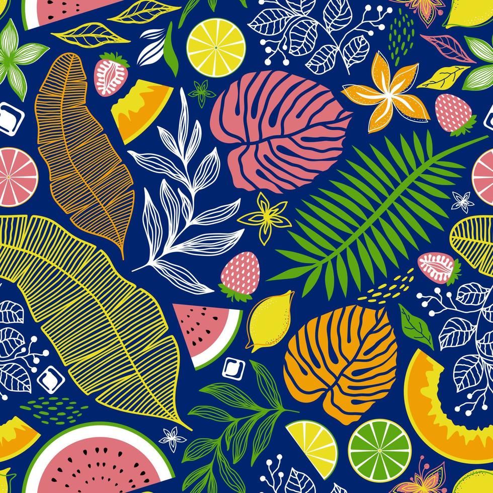 motif bleu vectorielle continue avec des feuilles et des fruits tropicaux multicolores lumineux vecteur