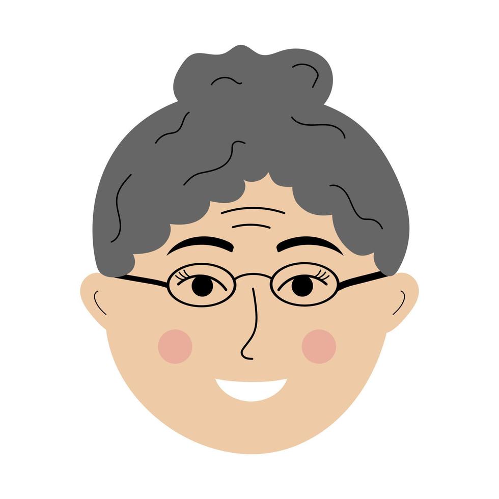visage de femme âgée avec des lunettes dans un style doodle. avatar coloré de femme aux cheveux gris. vecteur