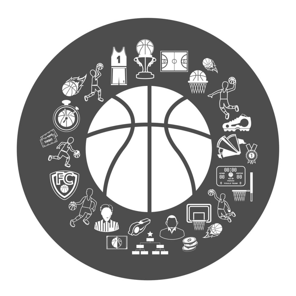 groupe d'icônes de basket-ball noir et blanc set.basketball concept d'apprentissage. vecteur