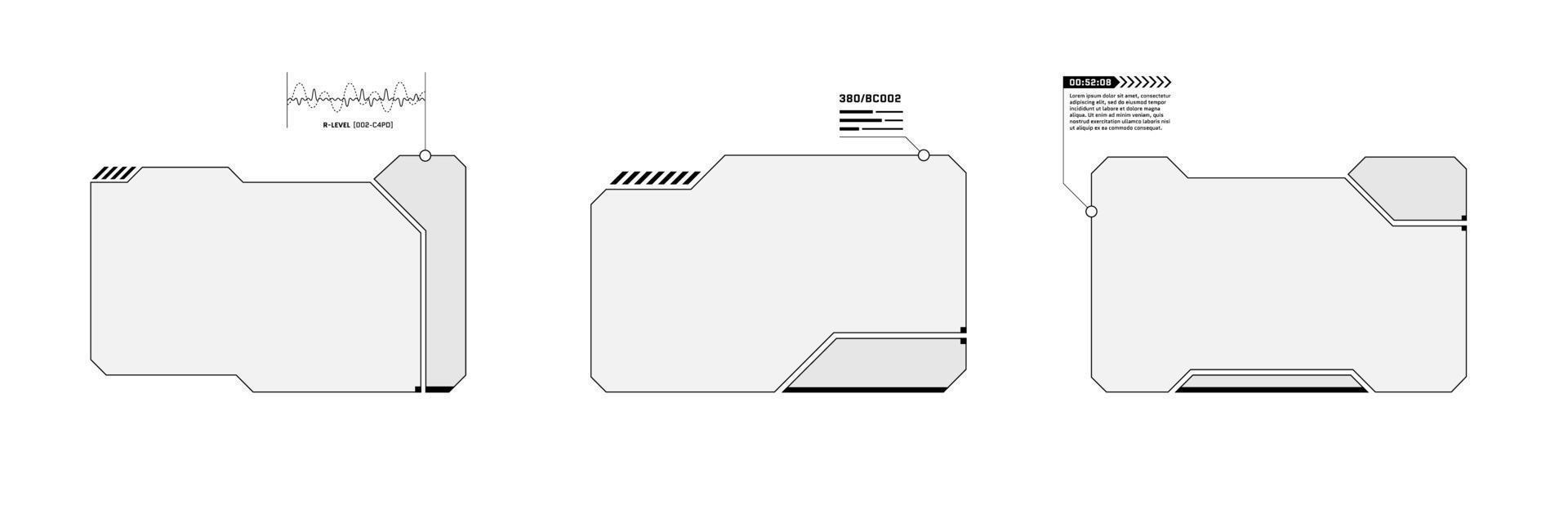 hud ensemble de cadres horizontaux d'interface utilisateur futuriste numérique. écrans de haute technologie de science-fiction. menu de jeu touchant les panneaux du tableau de bord de cybersurveillance. technologie d'affichage tête haute concept de fenêtres de menu vide. eps vecteur