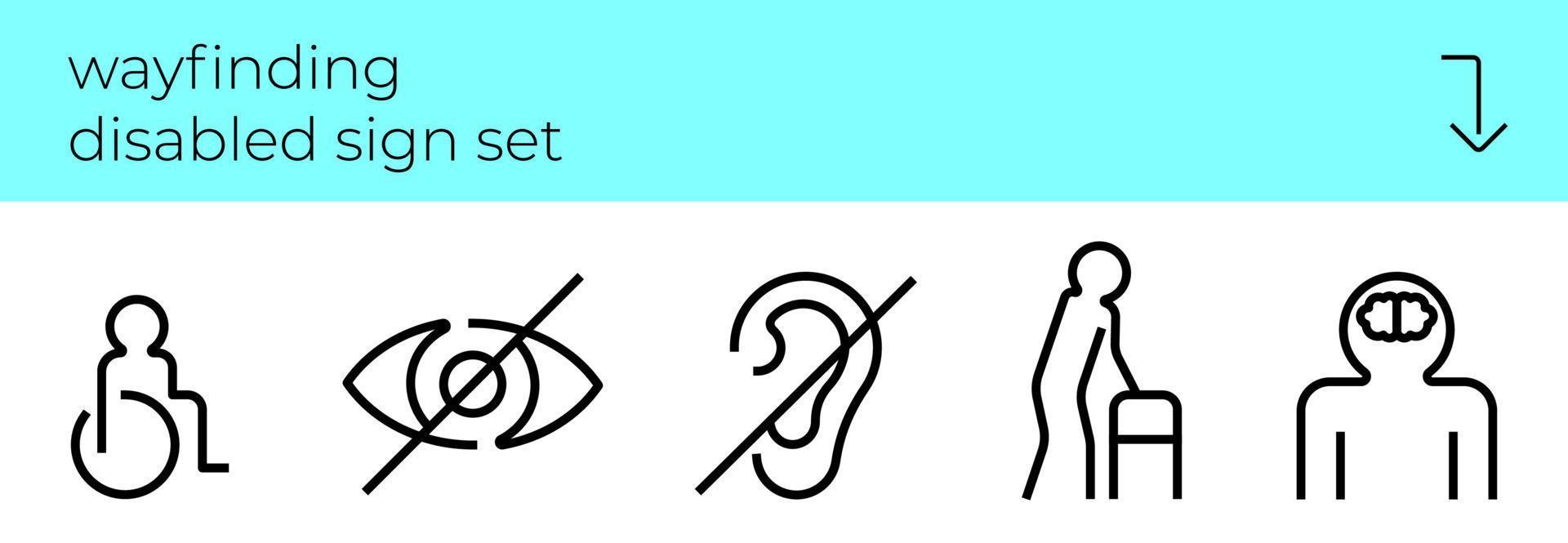 icônes d'orientation. ensemble de signes désactivés. symboles de recherche de chemin environnement accessible aux personnes handicapées. signalisation inclusive handicap. panneaux de signalisation pour fauteuils roulants, aveugles, sourds, déambulateurs et maladies mentales. eps vecteur
