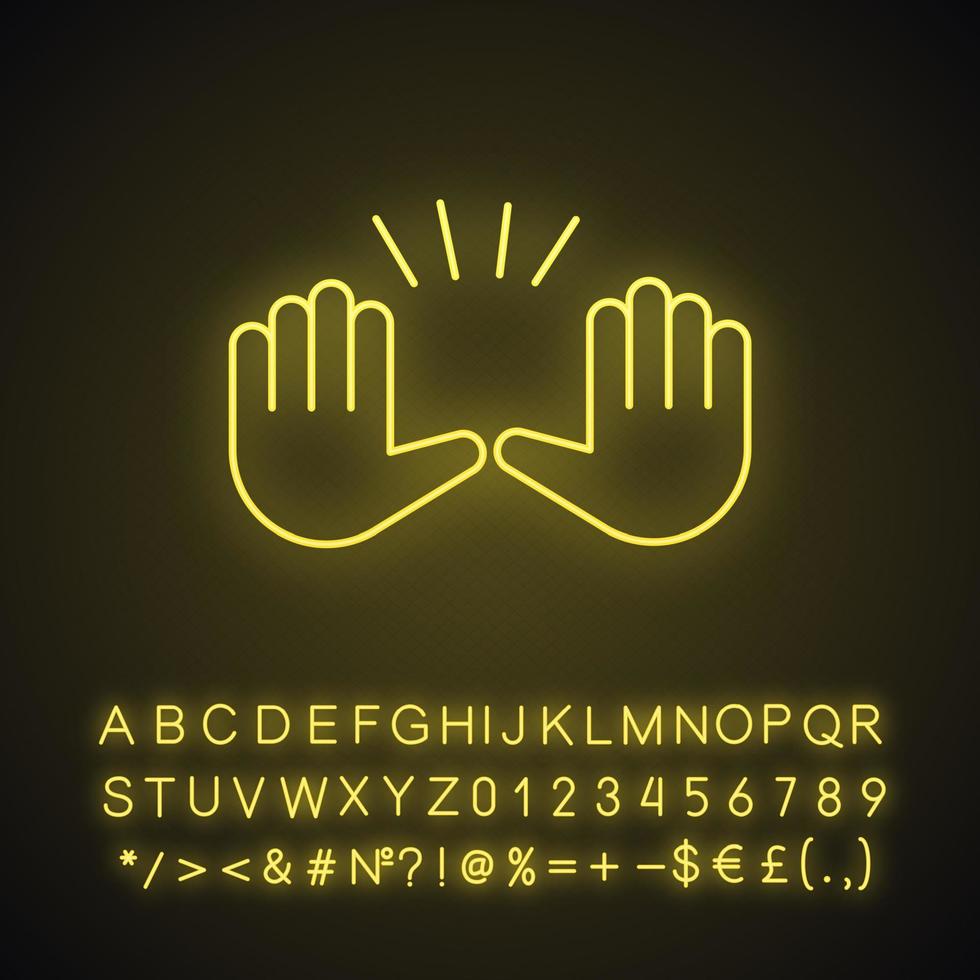 levant les mains geste icône de néon. arrêtez, abandonnez les gestes. agitant deux paumes emoji. signe lumineux avec alphabet, chiffres et symboles. illustration vectorielle isolée vecteur