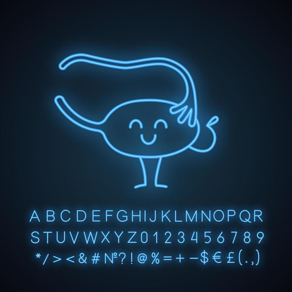 icône de lumière néon ovaire et trompe de Fallope souriante. ovulation. emoji du système reproducteur féminin. santé des femmes. la fertilité. signe lumineux avec alphabet, chiffres et symboles. illustration vectorielle isolée vecteur