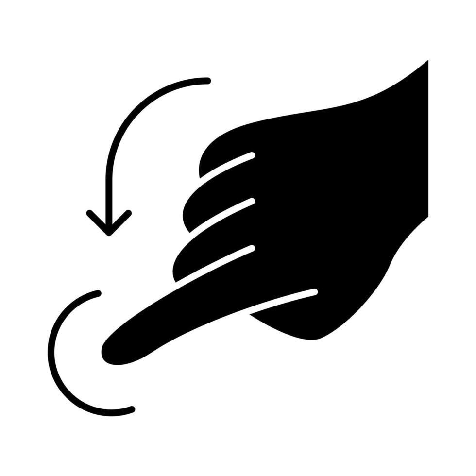 faites glisser l'icône de glyphe de geste vers le bas. gestes de l'écran tactile. main et doigts humains. à l'aide d'appareils sensoriels. symbole de la silhouette. espace négatif. illustration vectorielle isolée vecteur
