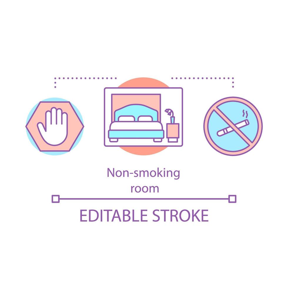 icône de concept de chambre non-fumeur. équipement de la chambre d'hôtel. propriété sans fumée. lit double, pas d'espace cigarette. interdiction de fumer, illustration de la ligne mince de l'idée d'interdiction. dessin isolé de vecteur. trait modifiable vecteur