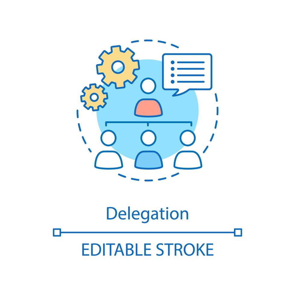 icône de concept de délégation. répartition des tâches. leadership. travail en équipe. structure d'organisation. illustration de la ligne mince de l'idée de gestion du personnel. dessin de contour isolé de vecteur. trait modifiable vecteur