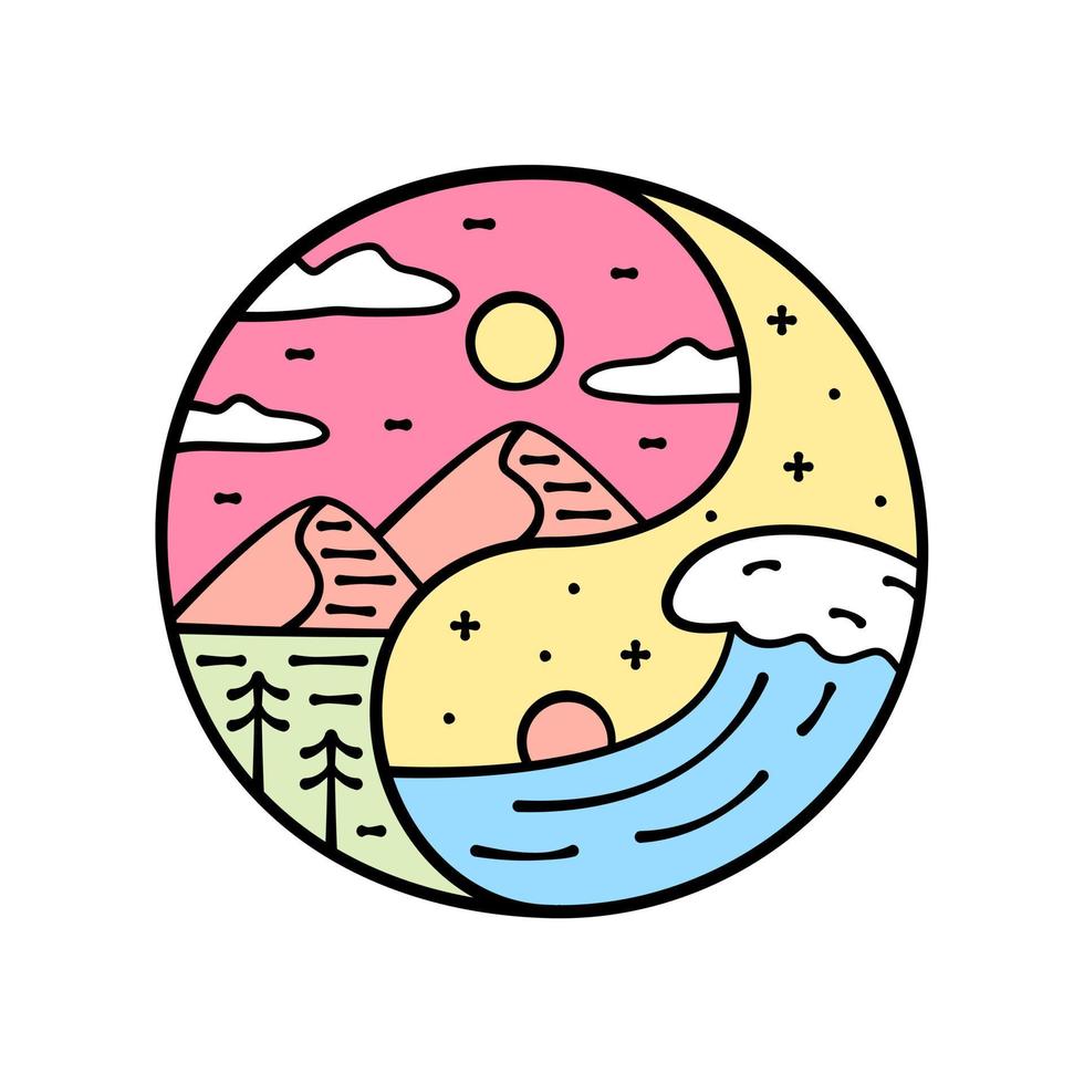 la vague et la montagne de la nature dans le concept yin yang pour la conception de t-shirt d'art vectoriel graphique d'emblème de patch d'insigne