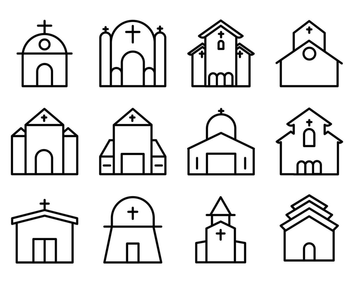 illustration vectorielle du jeu d'icônes de style de ligne d'église, bâtiment. conceptions vectorielles adaptées aux sites Web, applications, applications. vecteur