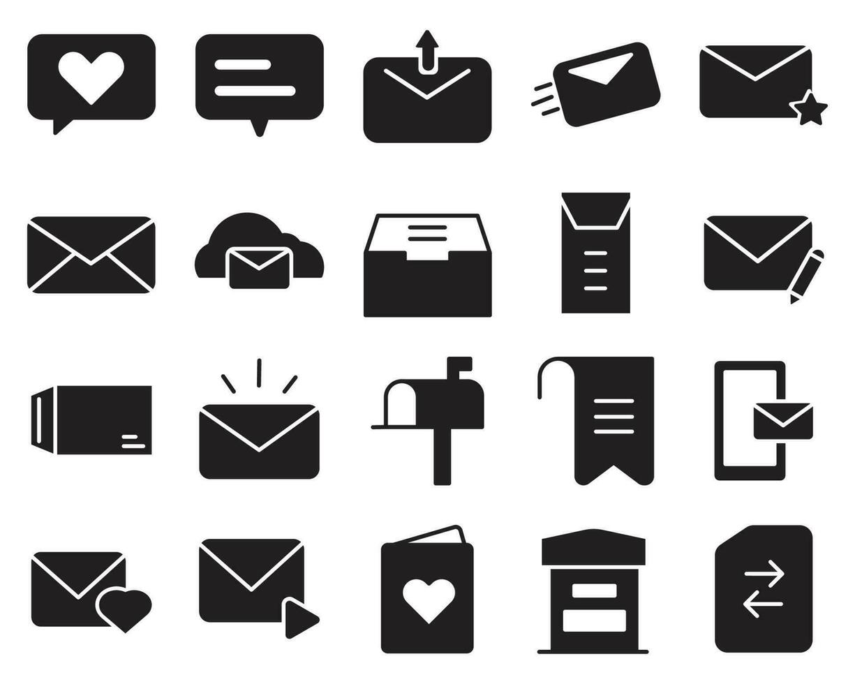 courrier postal, enveloppes, envoi de lettres. jeu d'icônes de style glyphe, très approprié pour une utilisation dans les sites Web, les bannières et plus encore. vecteur