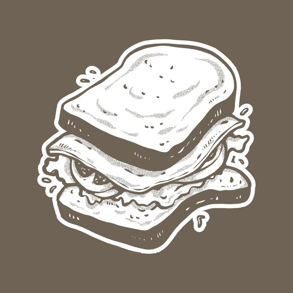 illustration de nourriture sandwich noir et blanc, technique de dessin à la main vecteur