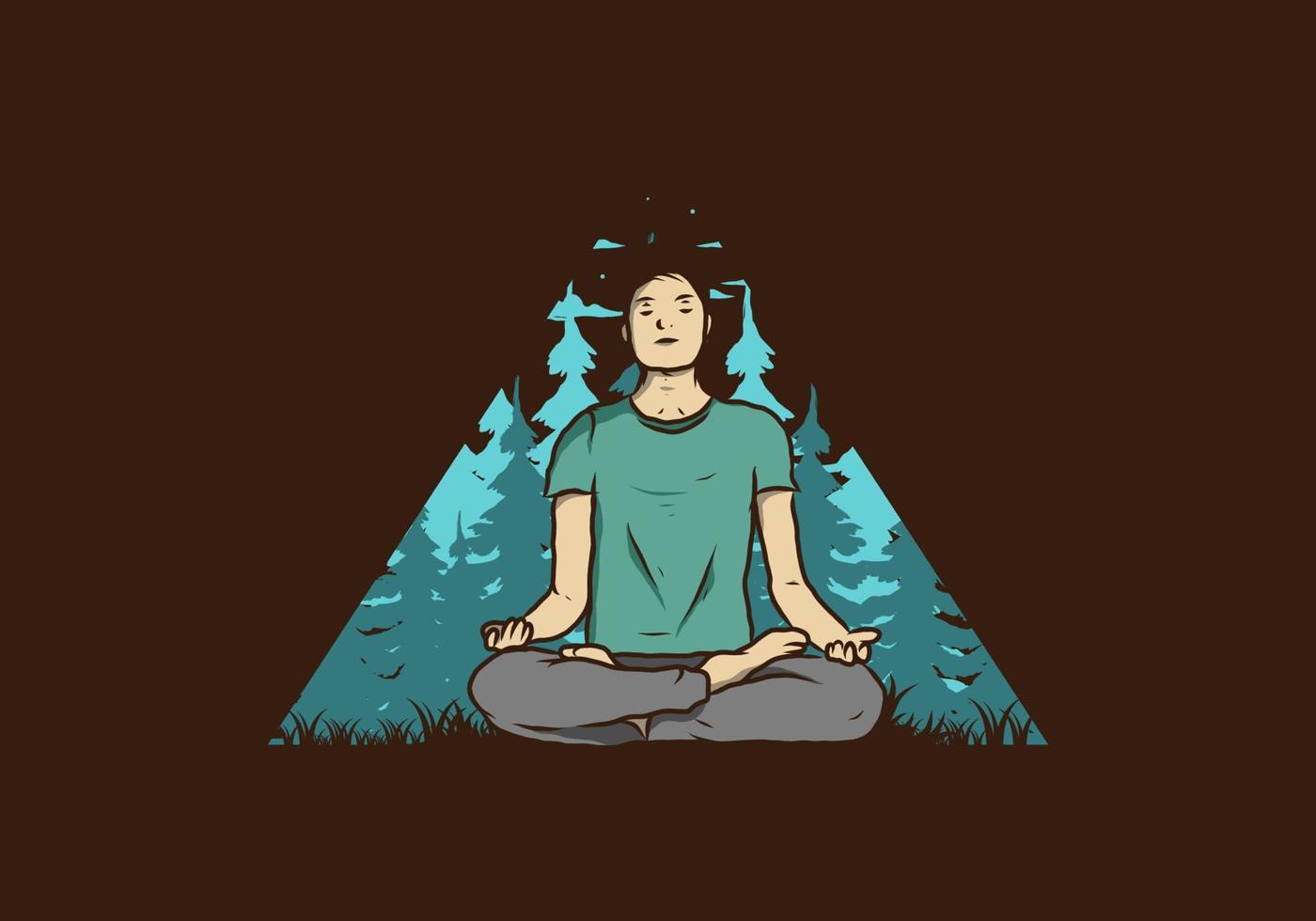 illustration d'une personne faisant du yoga et méditant à l'extérieur dans une forêt dans la nature parmi les pins vecteur