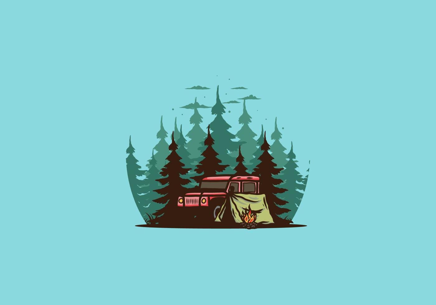 camping à côté de la voiture dans l'illustration de la forêt vecteur