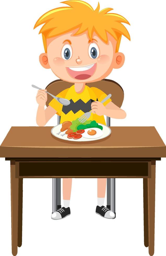 petit garçon ayant un personnage de dessin animé de repas vecteur