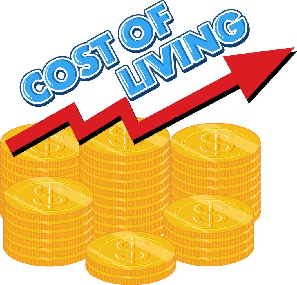 logo du mot coût de la vie avec pile de pièces vecteur