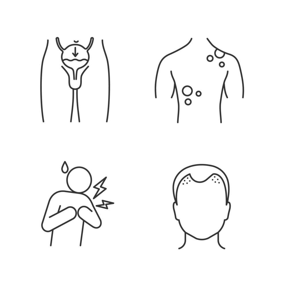 ensemble d'icônes linéaires de santé masculine. symboles de contour de ligne mince. incontinence urinaire, cancer de la peau, crise cardiaque, perte de cheveux. illustrations vectorielles isolées. trait modifiable vecteur