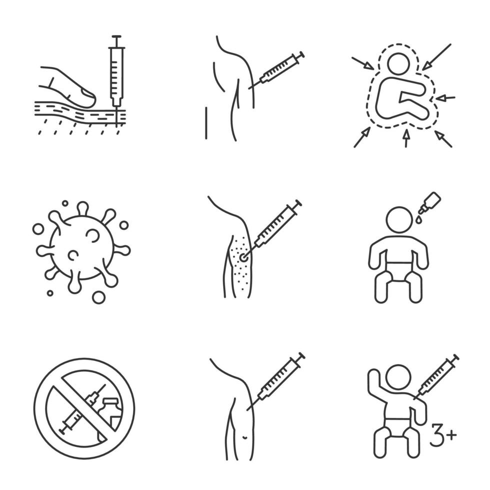 ensemble d'icônes linéaires de vaccination et d'immunisation. symboles de contour de ligne mince. injection sous-cutanée, grippe, allergie aux vaccins, prohibition des médicaments. illustrations vectorielles isolées. trait modifiable vecteur