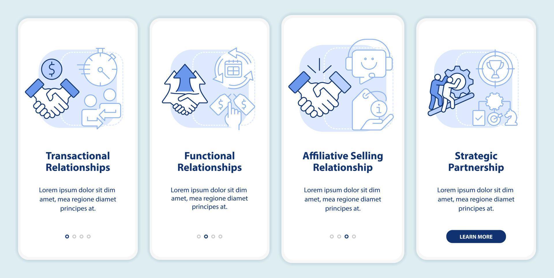 types de relations commerciales écran d'application mobile d'intégration bleu clair. procédure pas à pas en 4 étapes instructions graphiques modifiables avec des concepts linéaires. ui, ux, modèle d'interface graphique. vecteur