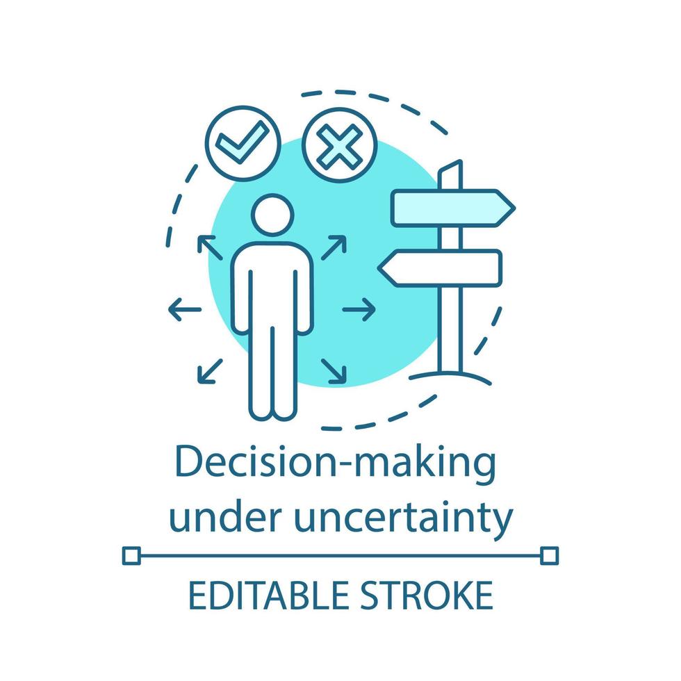 prise de décision sous l'icône de concept d'incertitude. façons de résoudre le problème. homme à la croisée des chemins. choisir l'illustration de la ligne mince de l'idée du bon chemin. dessin de contour isolé de vecteur. trait modifiable vecteur