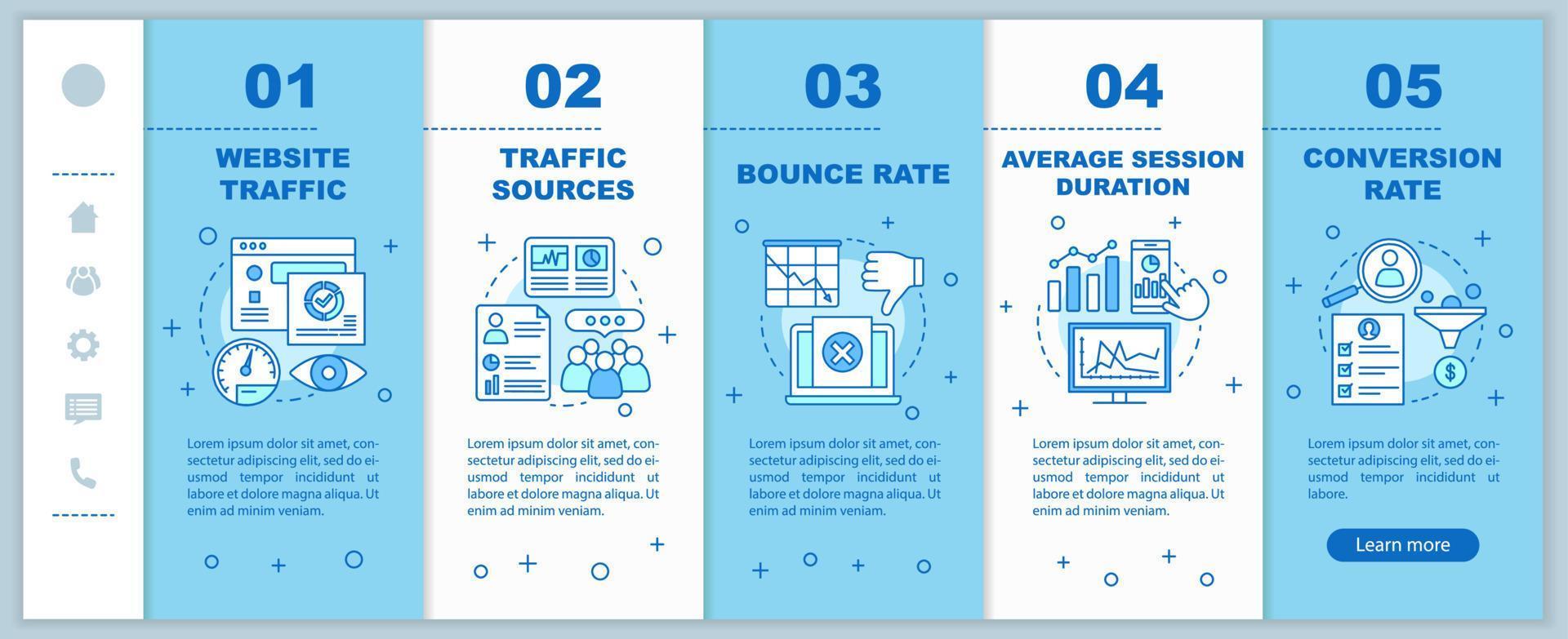 modèle de vecteur de pages Web mobiles d'intégration du trafic de site Web. analyse du taux de conversion des ventes. métriques smm. idée d'interface de site Web de smartphone réactif. écrans pas à pas de la page Web. notion de couleur