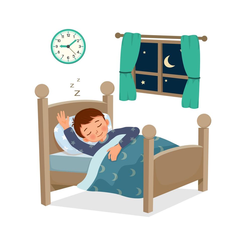 mignon petit enfant garçon dormir bonne nuit dans son lit à la maison vecteur