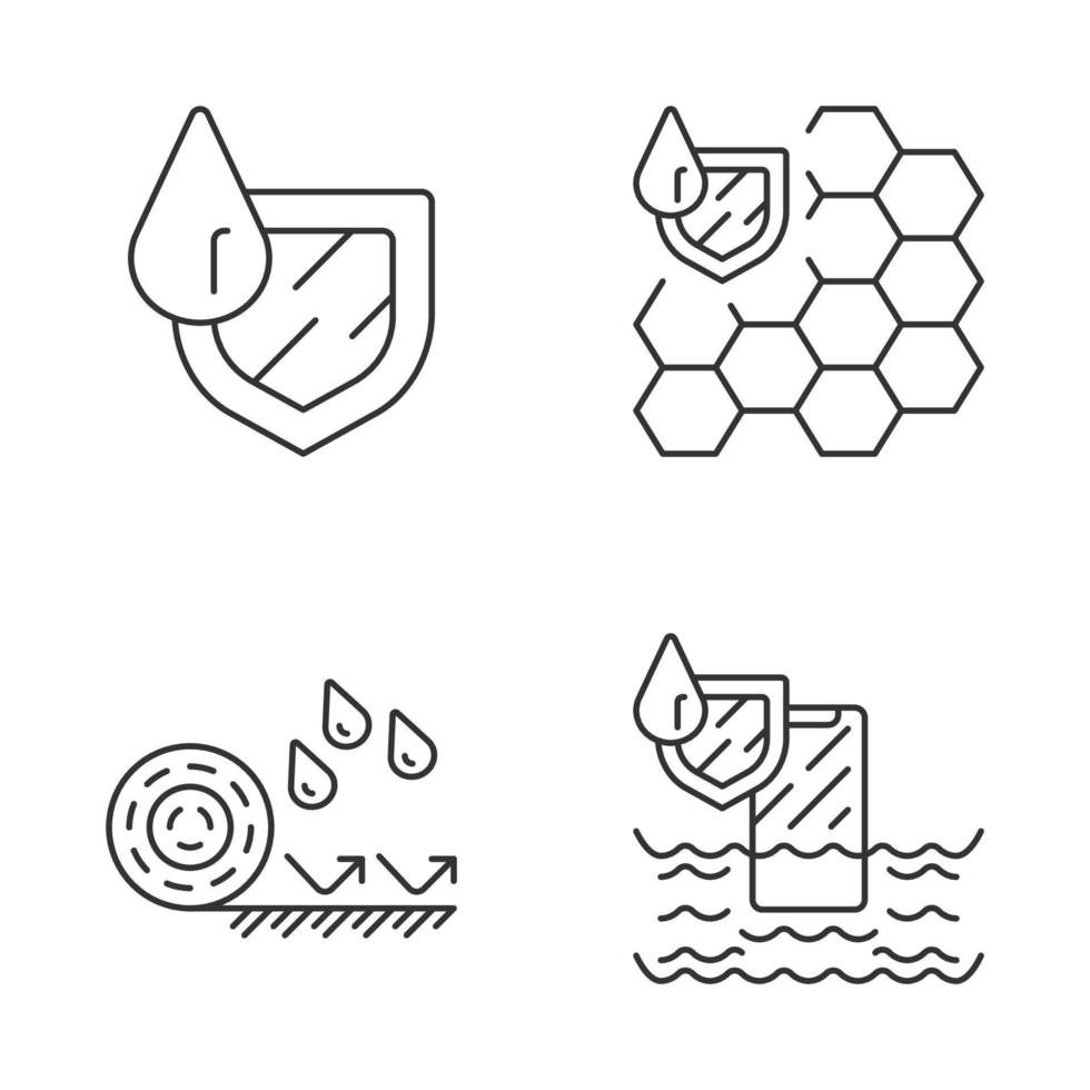 ensemble d'icônes linéaires d'étanchéité. surfaces résistantes à l'eau. membrane étanche, revêtement de sol, téléphone. protection liquide. symboles de contour de ligne mince. illustrations vectorielles isolées. trait modifiable vecteur