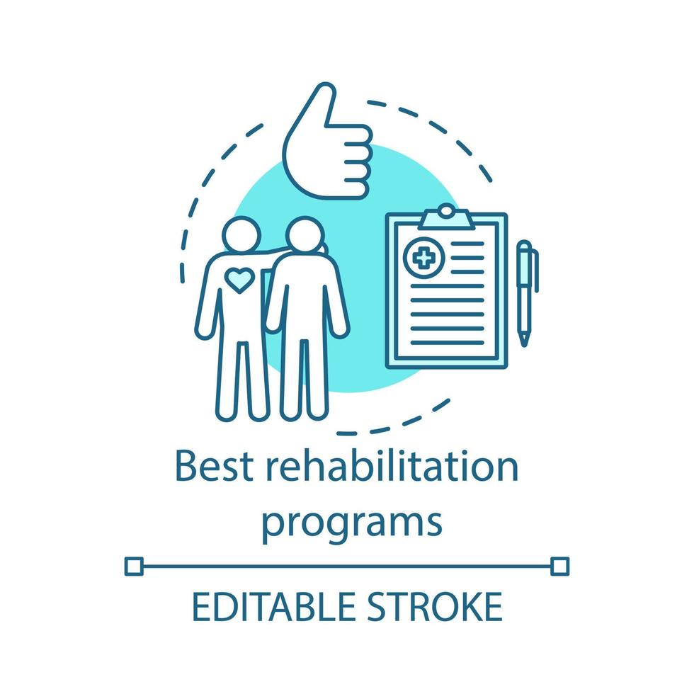 meilleure icône de concept de programmes de réadaptation. aide aux patients. bénévolat médical. prise en charge psychologique. illustration de fine ligne d'idée de service de soins infirmiers. dessin de contour isolé de vecteur. trait modifiable vecteur