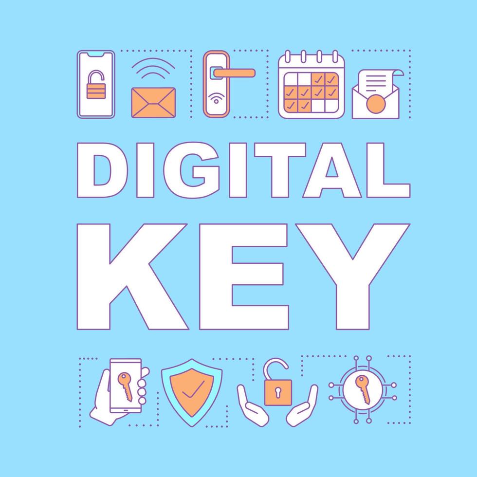 bannière de concept de mot clé numérique. cadenas sans fil et sans clé. serrure de porte intelligente nfc. cadenas d'hôtel télécommandé. présentation, site internet. typographie isolée avec des icônes linéaires. illustration de contour de vecteur