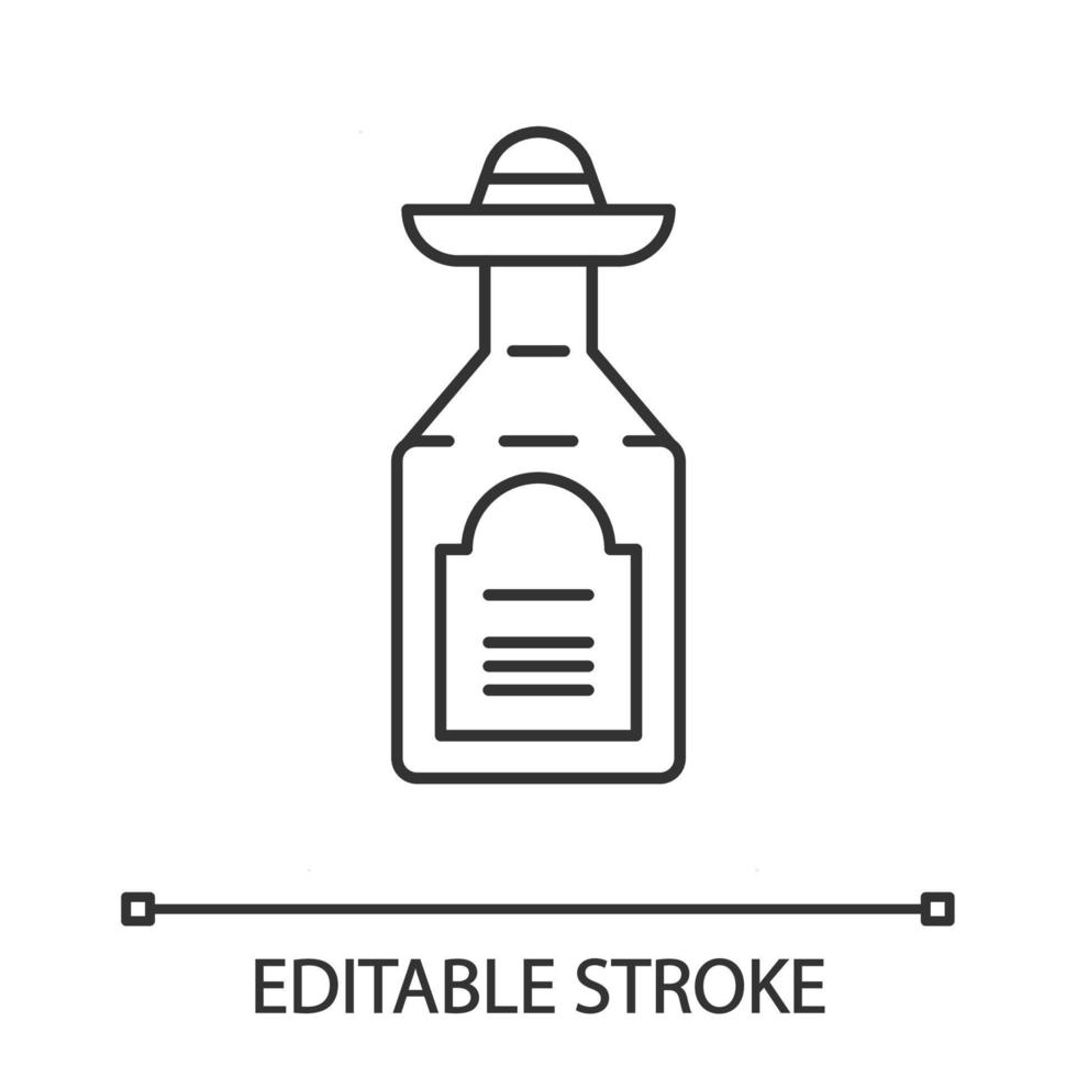 icône linéaire de tequila. boisson alcoolisée forte mexicaine. bouteille avec bouchon sombrero. illustration de la ligne mince. symbole de contour. dessin de contour isolé de vecteur. trait modifiable vecteur