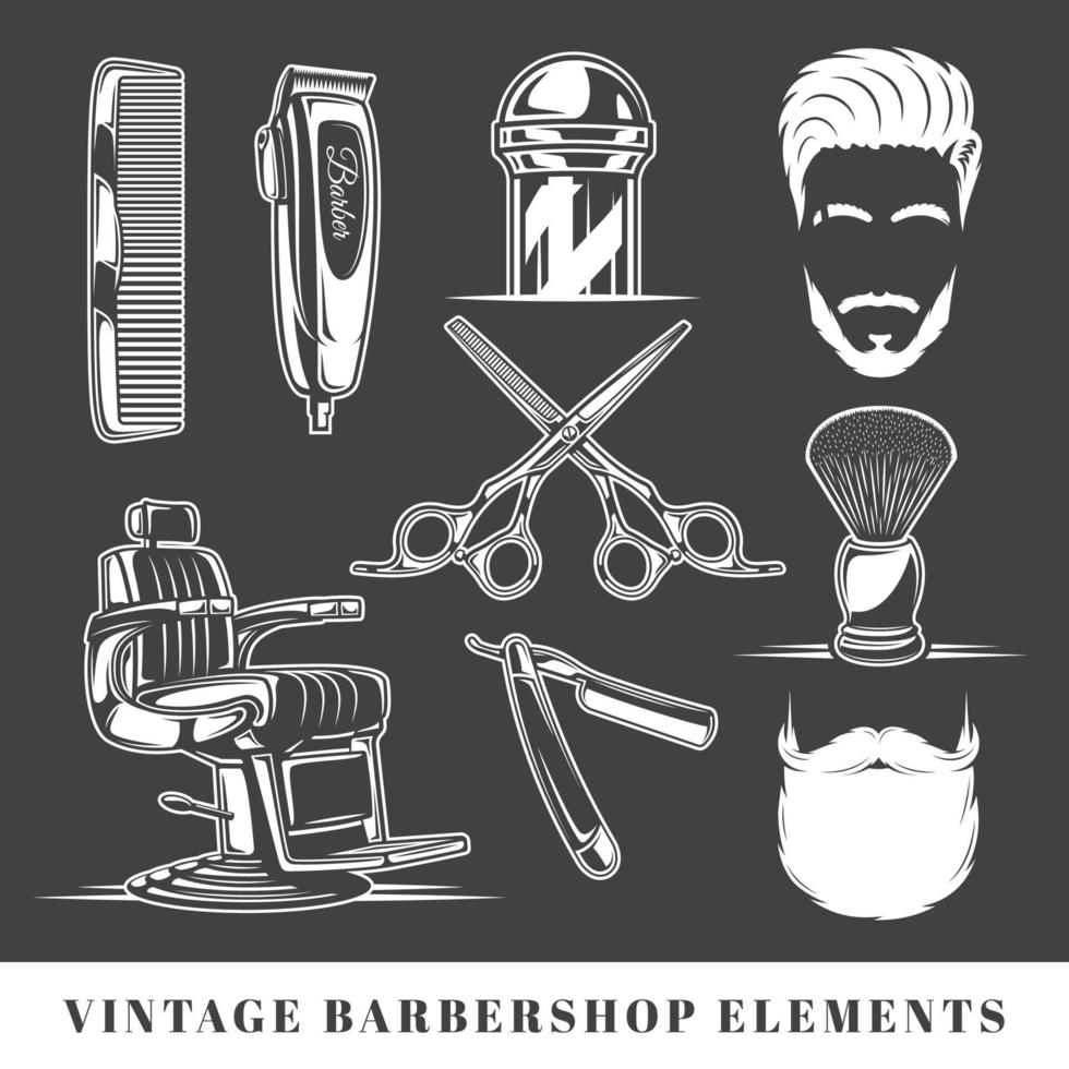 ensemble d'éléments du salon de coiffure isolé sur fond noir. symboles pour les logos et emblèmes de conception de salon de coiffure. illustration vectorielle vecteur