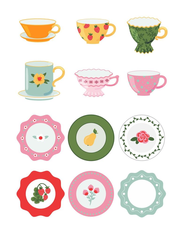 ensemble de plats, assiettes anciennes, tasses, mugs. collection d'outils de cuisine décoratifs, vaisselle colorée, ustensiles ménagers en céramique. illustration de vecteur de dessin animé isolé