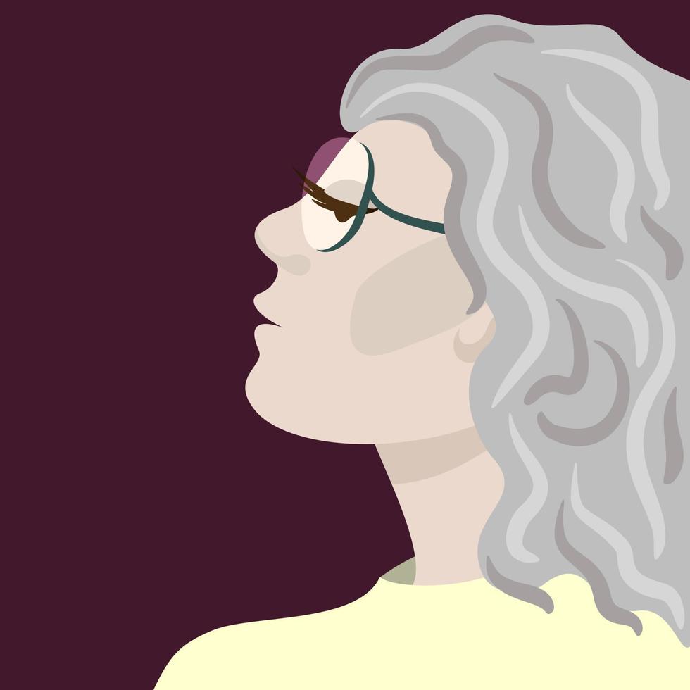 portrait de profil vectoriel d'une femme âgée à lunettes.