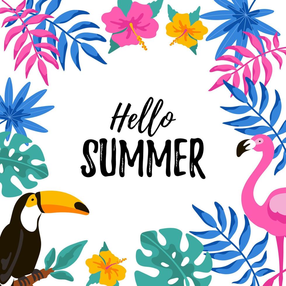 bonjour bannière d'été avec toucan, flamant rose et feuilles et flovers tropicaux. illustration vectorielle avec des éléments dessinés à la main vecteur