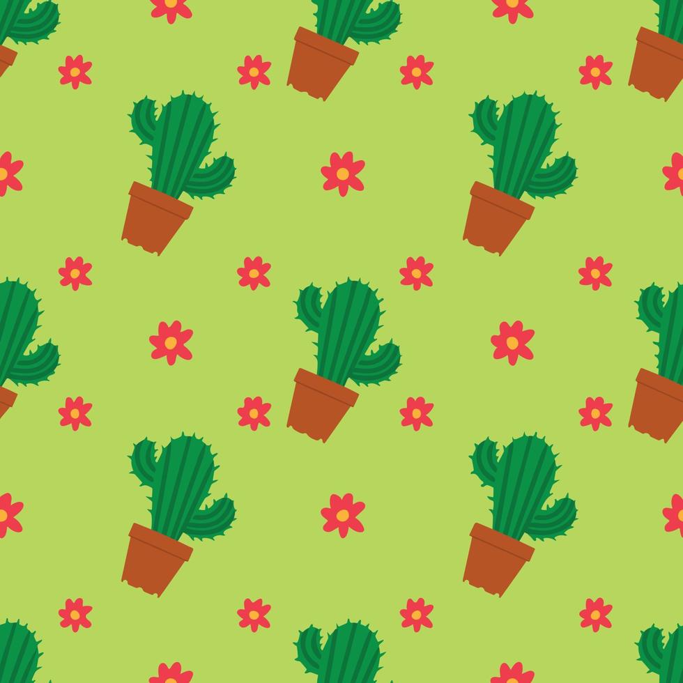modèle sans couture avec des cactus et des fleurs en pot. cactus isolés sur fond vert coloré. illustration vectorielle. élément de conception pour les emballages de cartes postales de menu affiches sites d'impression de tissu de décoration vecteur