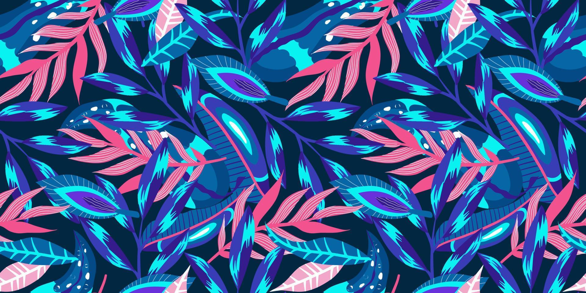 motif floral tropique néon sans couture sur fond sombre. néon floral pour un design d'été lumineux. jungle tropicale dans un style abstrait sur fond violet. vecteur