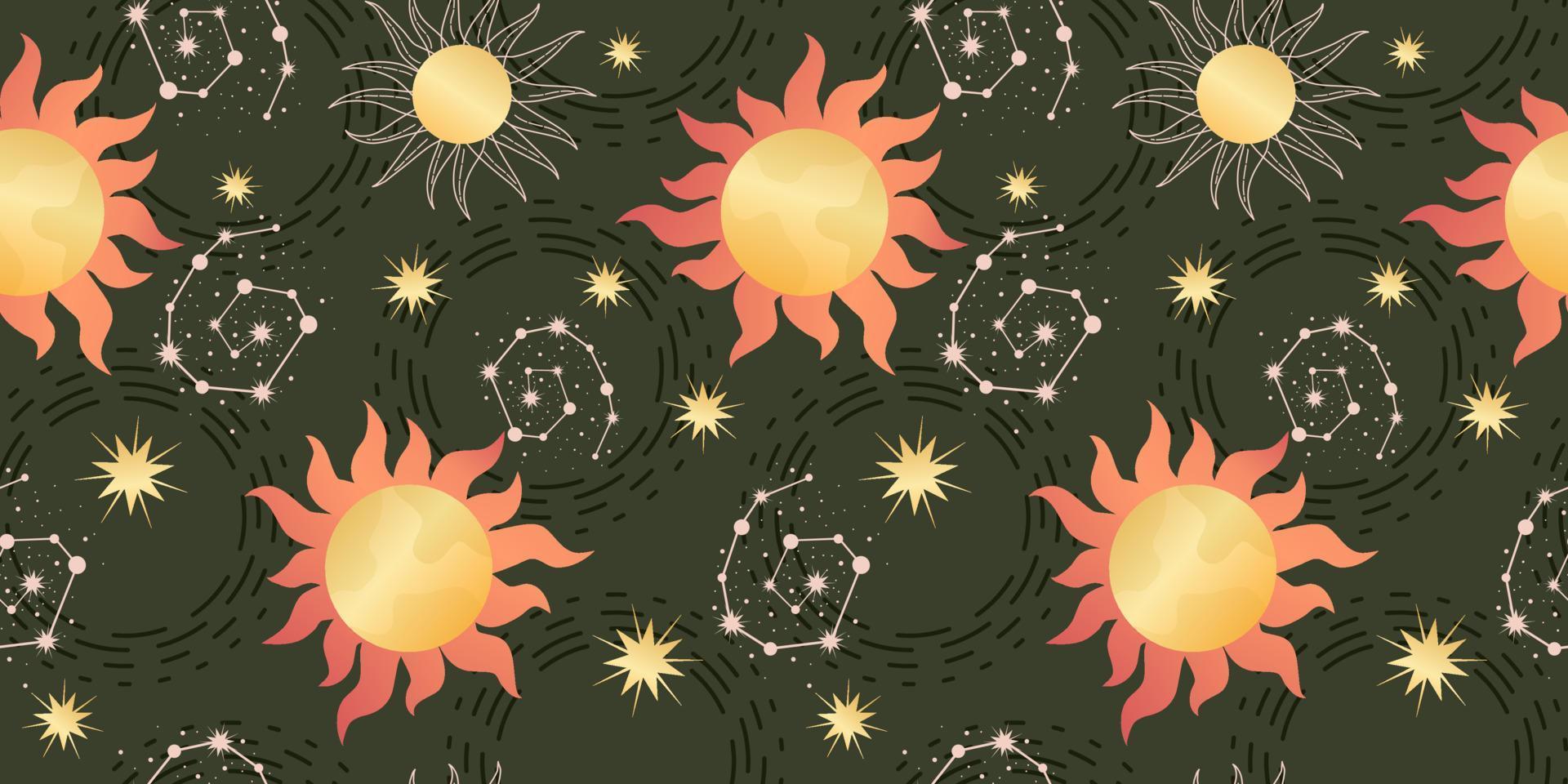 modèle sans couture céleste étoile avec soleil et constellations. astrologie magique dans un style bohème vintage. soleil doré avec rayons et étoiles. illustration vectorielle. vecteur