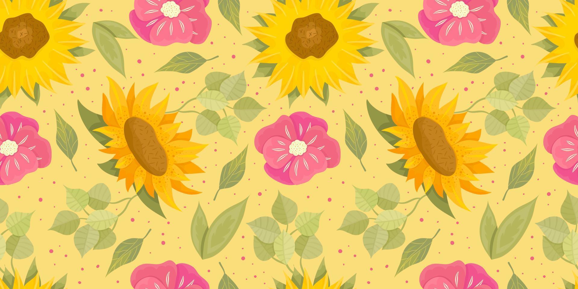 modèle sans couture de tournesol avec fleur, feuille. illustration de dessin animé jaune. motif floral sans couture. design floral lumineux d'été. illustration vectorielle vecteur