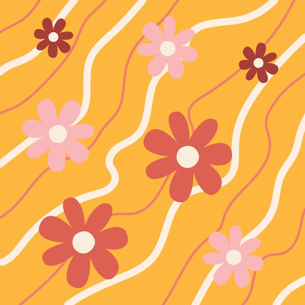 motif groovy marguerite trippy. marguerites et lignes sur fond orange. Fond floral des années 70. illustration vectorielle dessinés à la main, style plat. vecteur