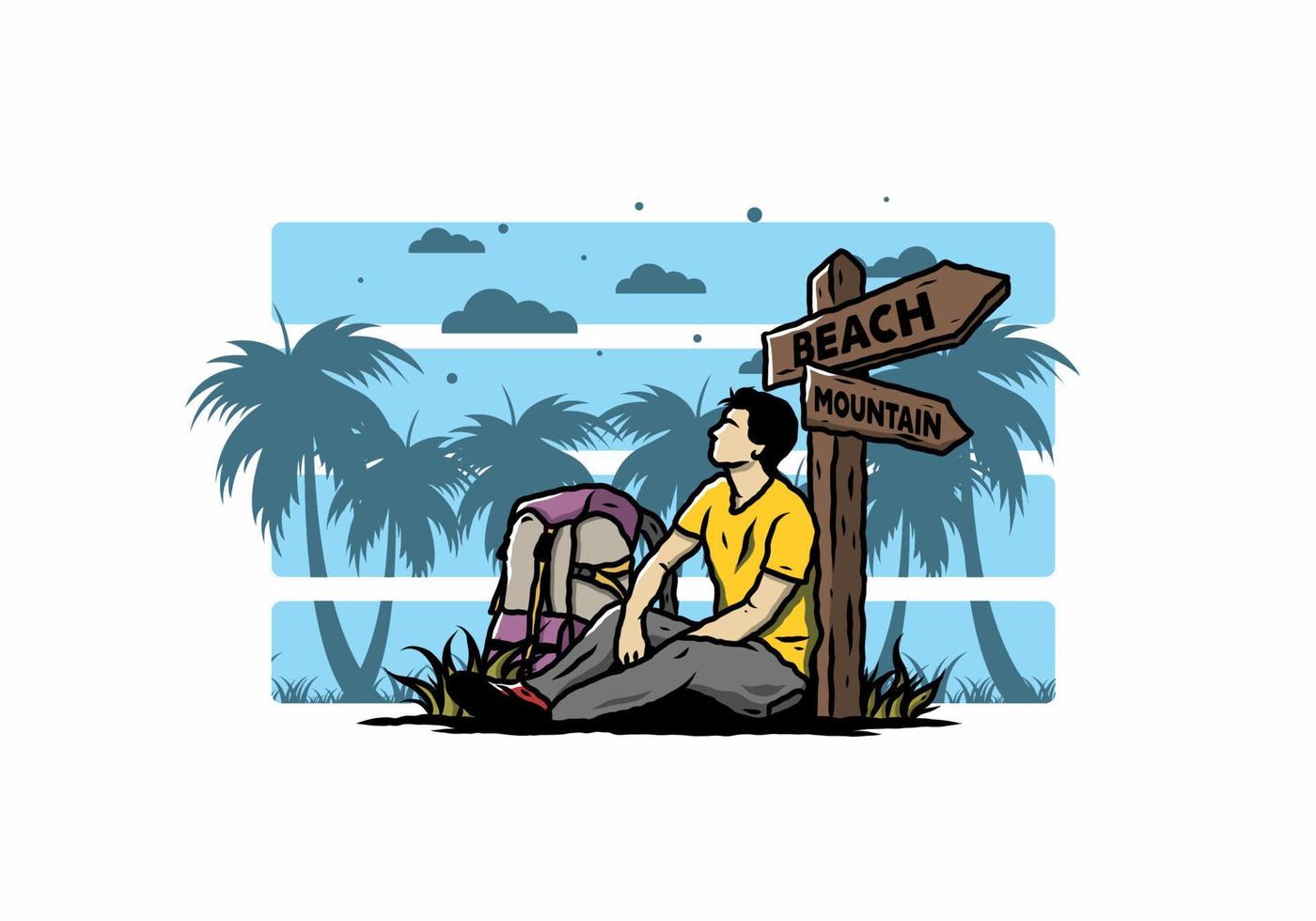 homme assis sur le sol à côté du panneau indiquant la plage et la montagne illustration vecteur