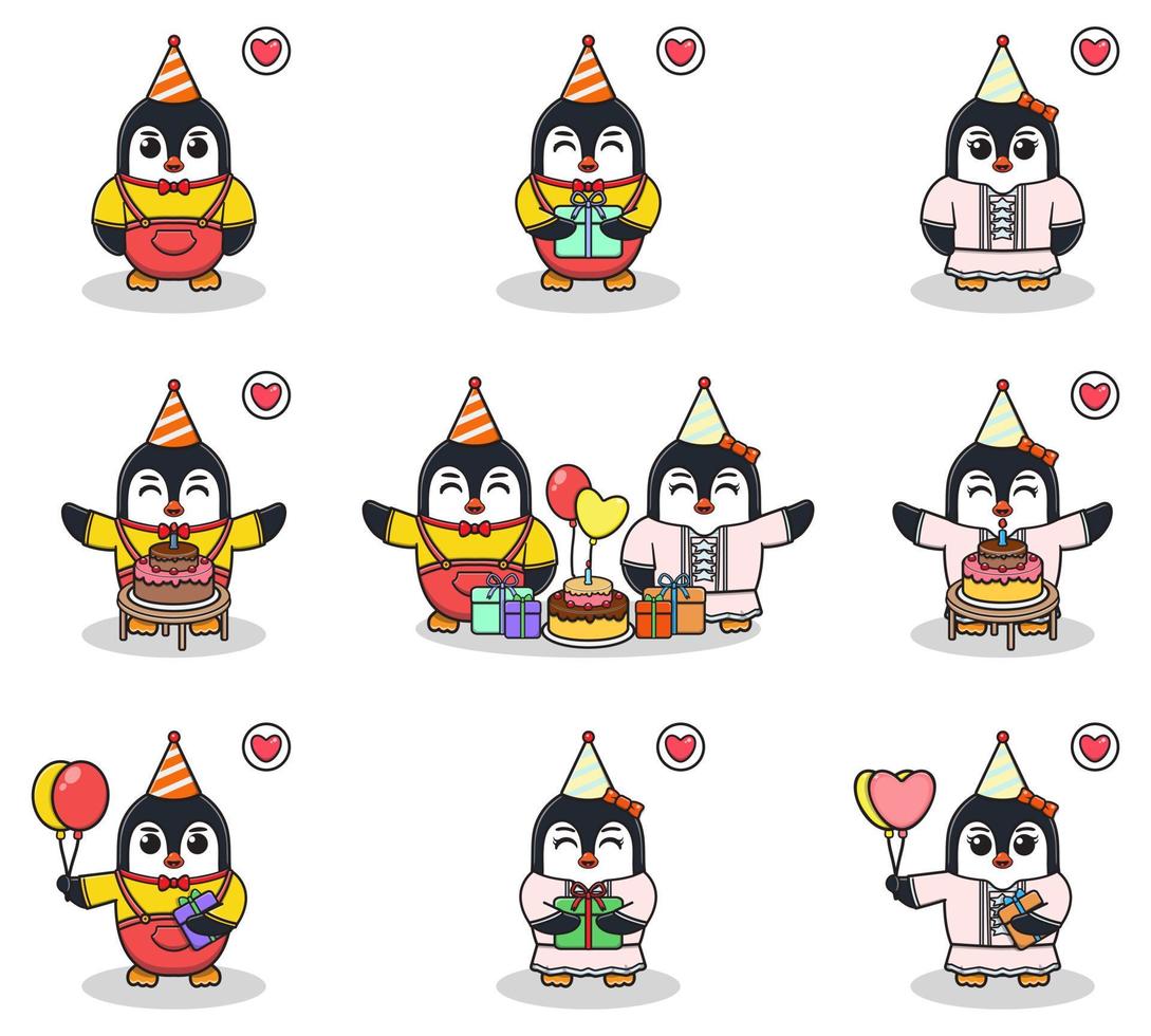vecteur de pingouin mignon à la fête d'anniversaire. ensemble de mignons petits personnages de pingouins. collection de pingouin drôle isolé sur fond blanc.