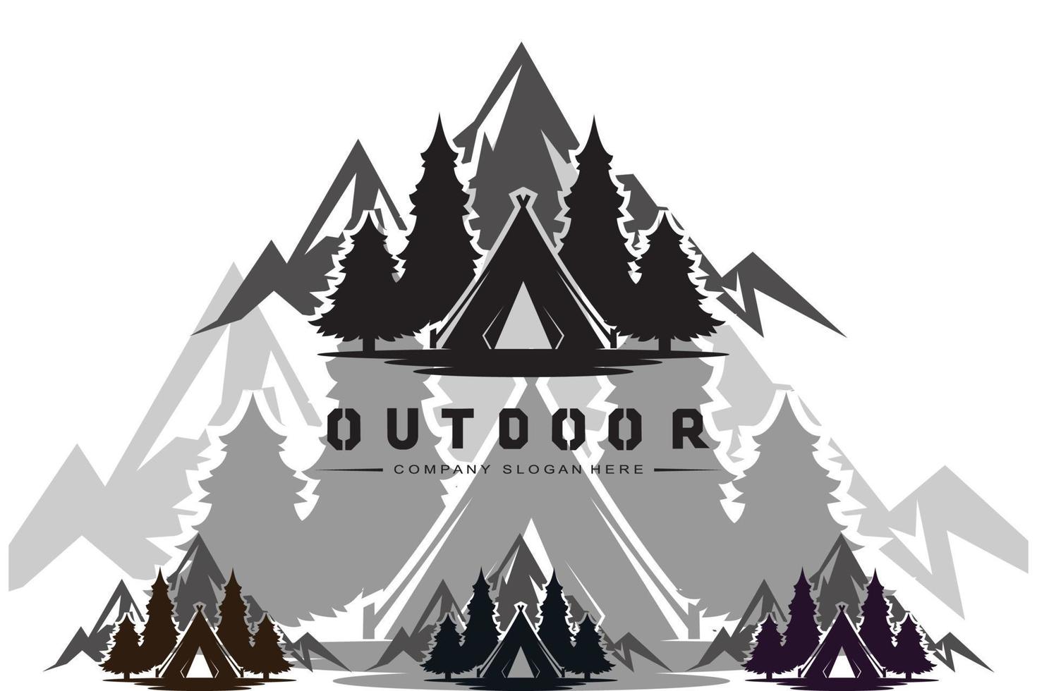 création de logo de camping, illustration en plein air de paysages de forêt et de montagne vecteur