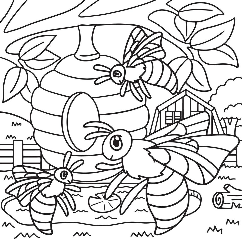 abeilles avec une page de coloriage de ruche pour les enfants vecteur