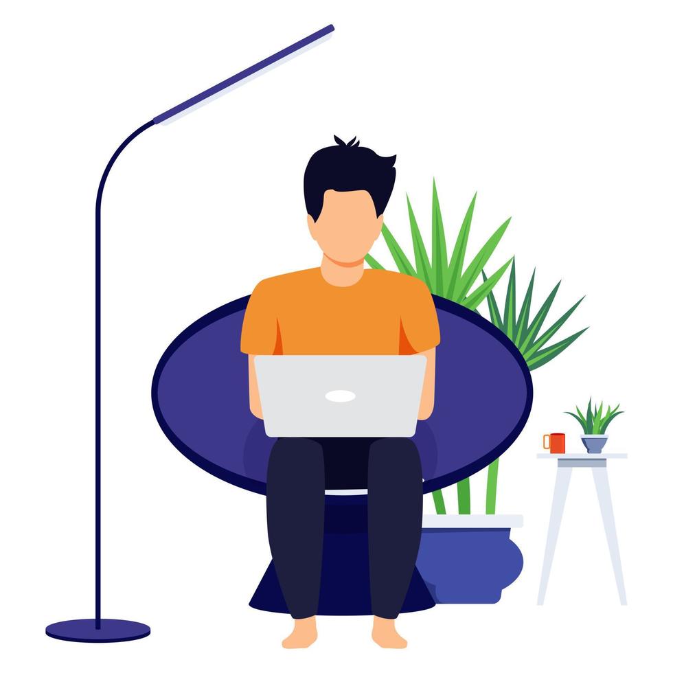 conception de bureau à domicile réglage de caractère indépendant masculin sur une chaise moderne avec ordinateur portable travaillant avec du café isolé vecteur
