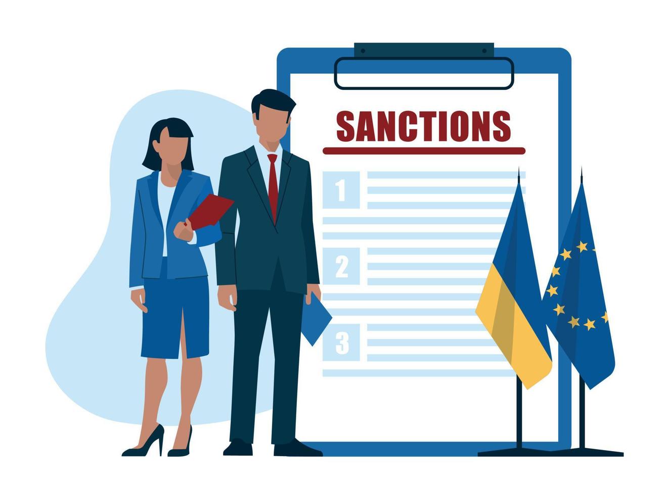 les sanctions. hommes d'affaires. femme et homme en costume d'affaires, employé de bureau, politicien, étudiant, entrepreneur, hommes d'affaires. drapeau de l'ukraine et de l'union européenne. image vectorielle. vecteur