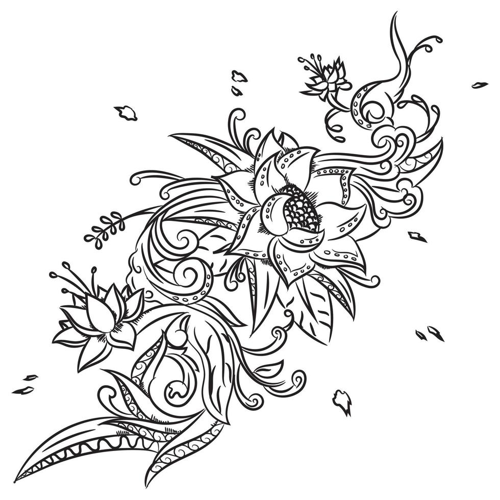 composition de fleurs dessinées à la main. page de coloriage - zendala, conception pour la relaxation spirituelle pour adultes, illustration vectorielle, isolée sur fond blanc. griffonnages zen. vecteur