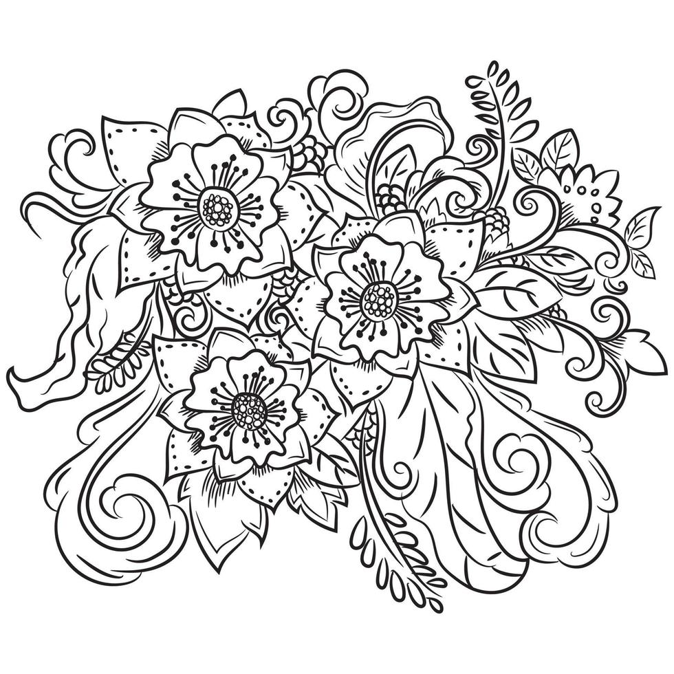 doodle motif floral en noir et blanc. page pour livre de coloriage travail très intéressant et relaxant pour les enfants et les adultes. dessin zentangle. tapis de fleurs dans un jardin magique vecteur