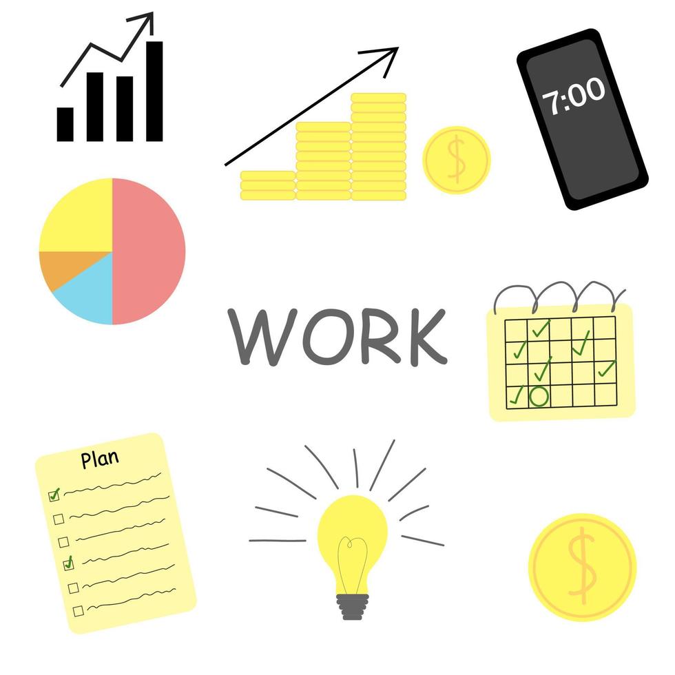 ensemble d'éléments pour les affaires ou le travail, style plat doodle, tableau de croissance, téléphone, calendrier, plan de tâches vecteur