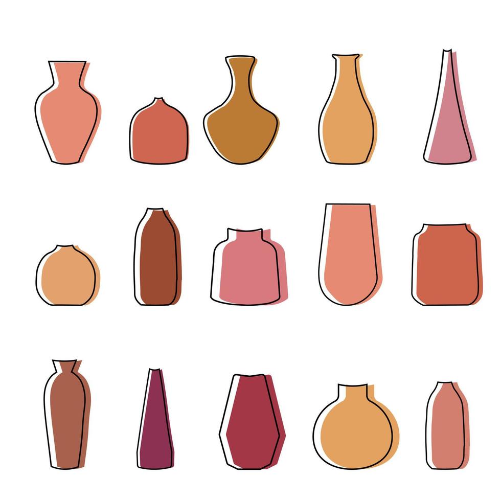 ensemble de vases boho aux nuances rose orangé. décor à la maison de style bohème. dessin au trait minimaliste vecteur