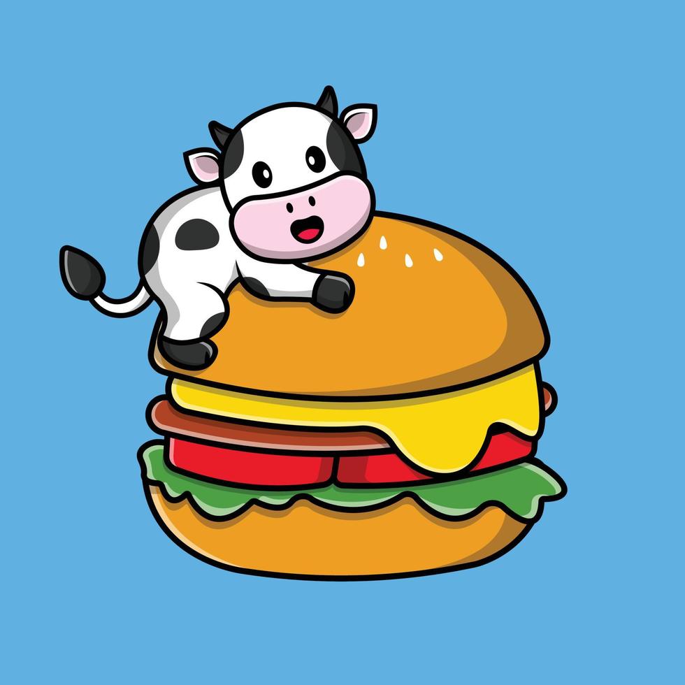 vache mignonne avec illustration d'icône de vecteur de dessin animé de burger. concept d'icône d'aliments pour animaux isolé vecteur premium.