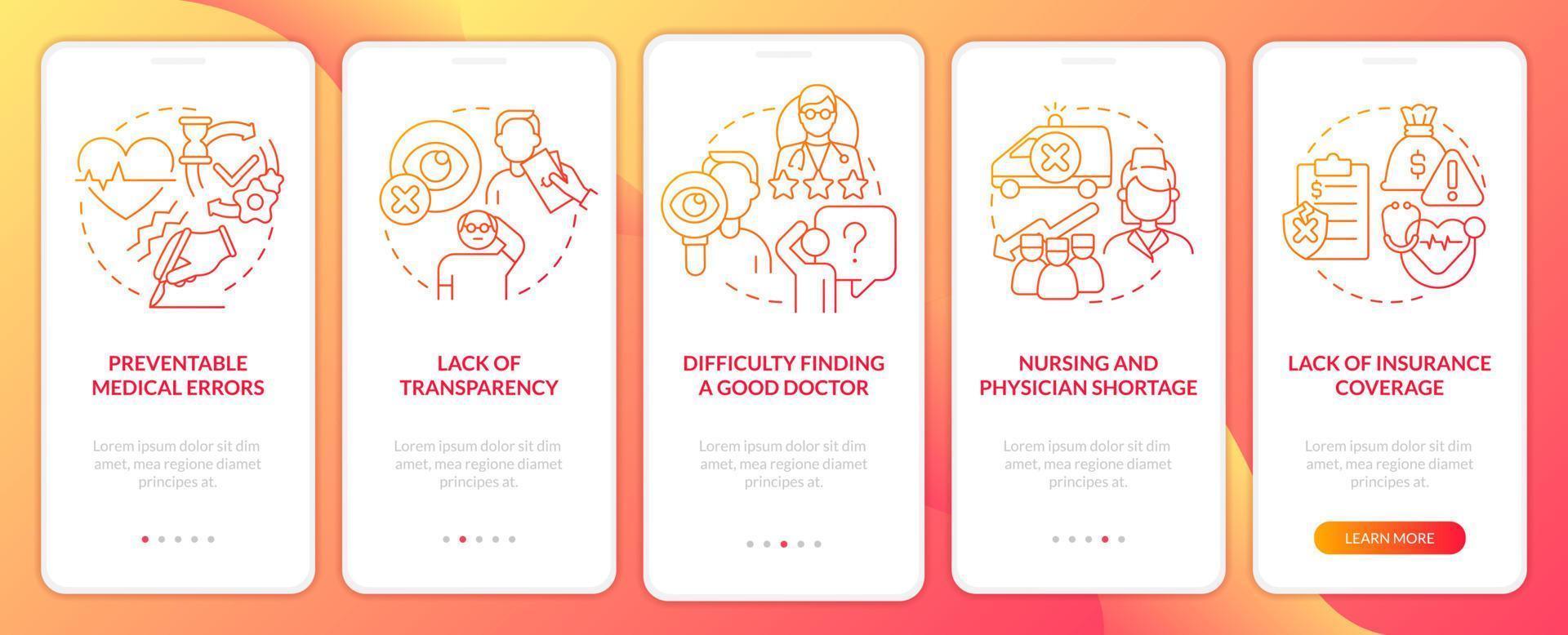 problèmes de santé actuels écran d'application mobile d'intégration à gradient rouge. pas à pas en 5 étapes pages d'instructions graphiques avec des concepts linéaires. ui, ux, modèle d'interface graphique. vecteur